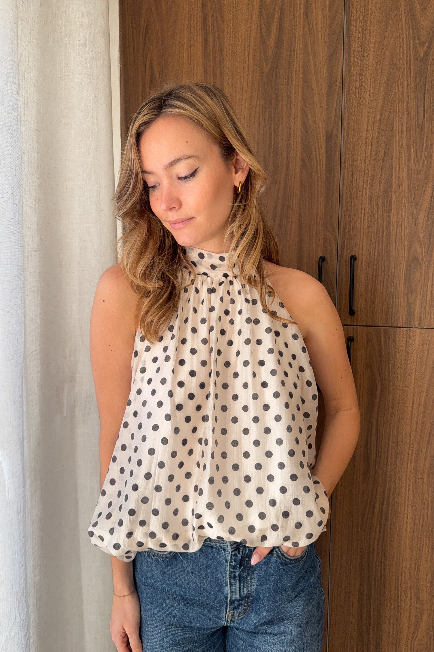 TOP BALLON A POIS ECRU