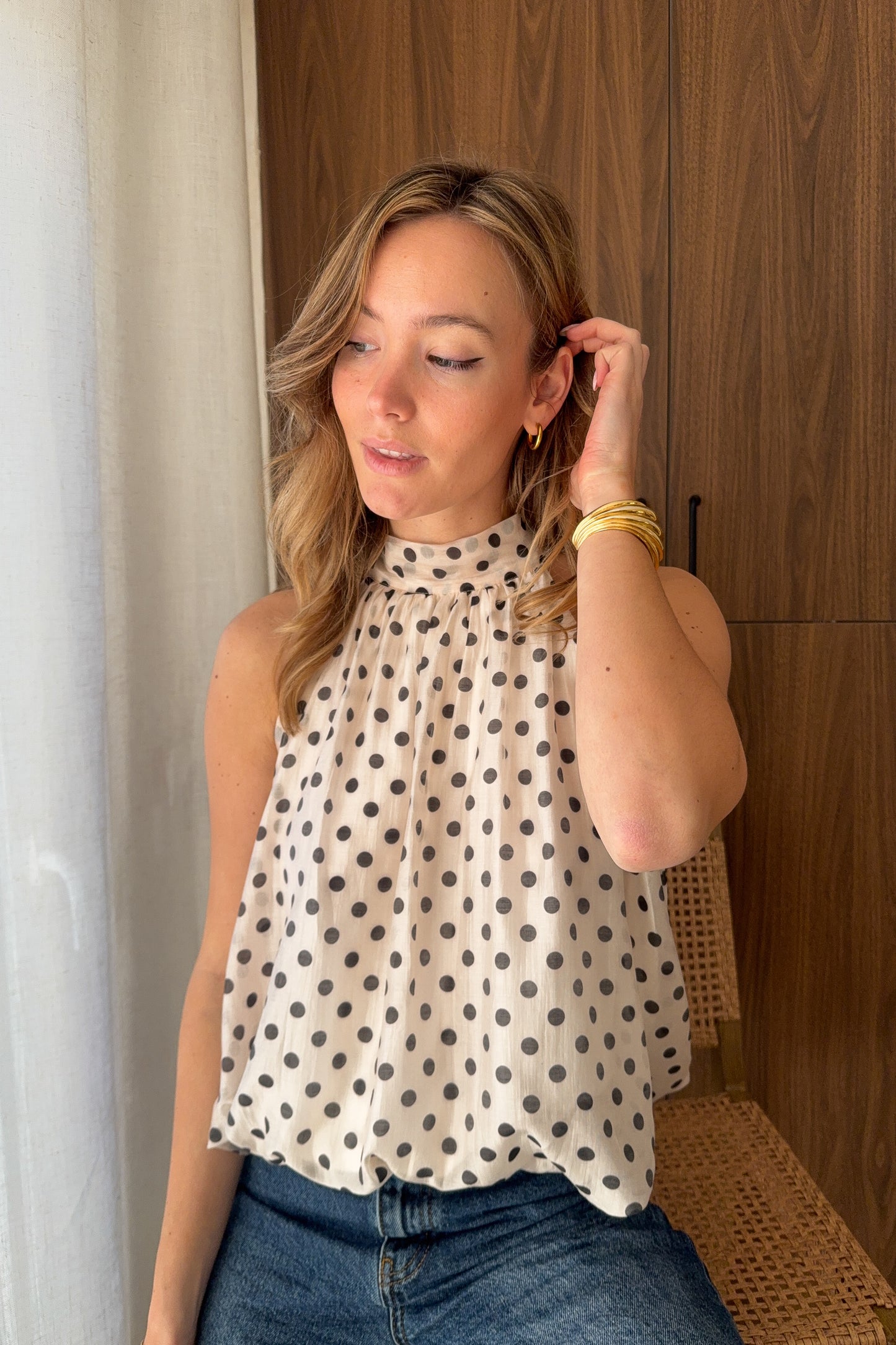 TOP BALLON A POIS ECRU