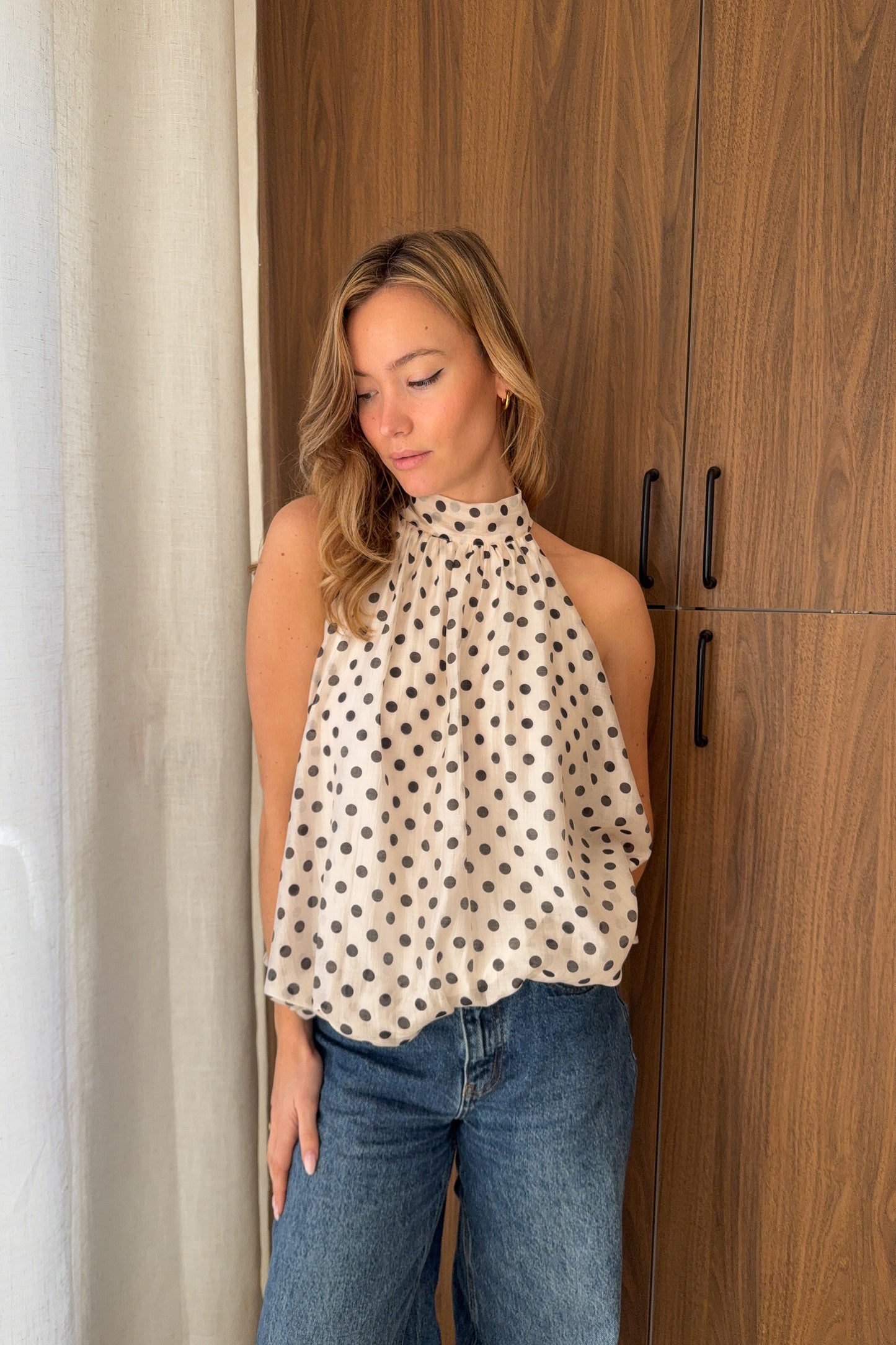 TOP BALLON A POIS ECRU