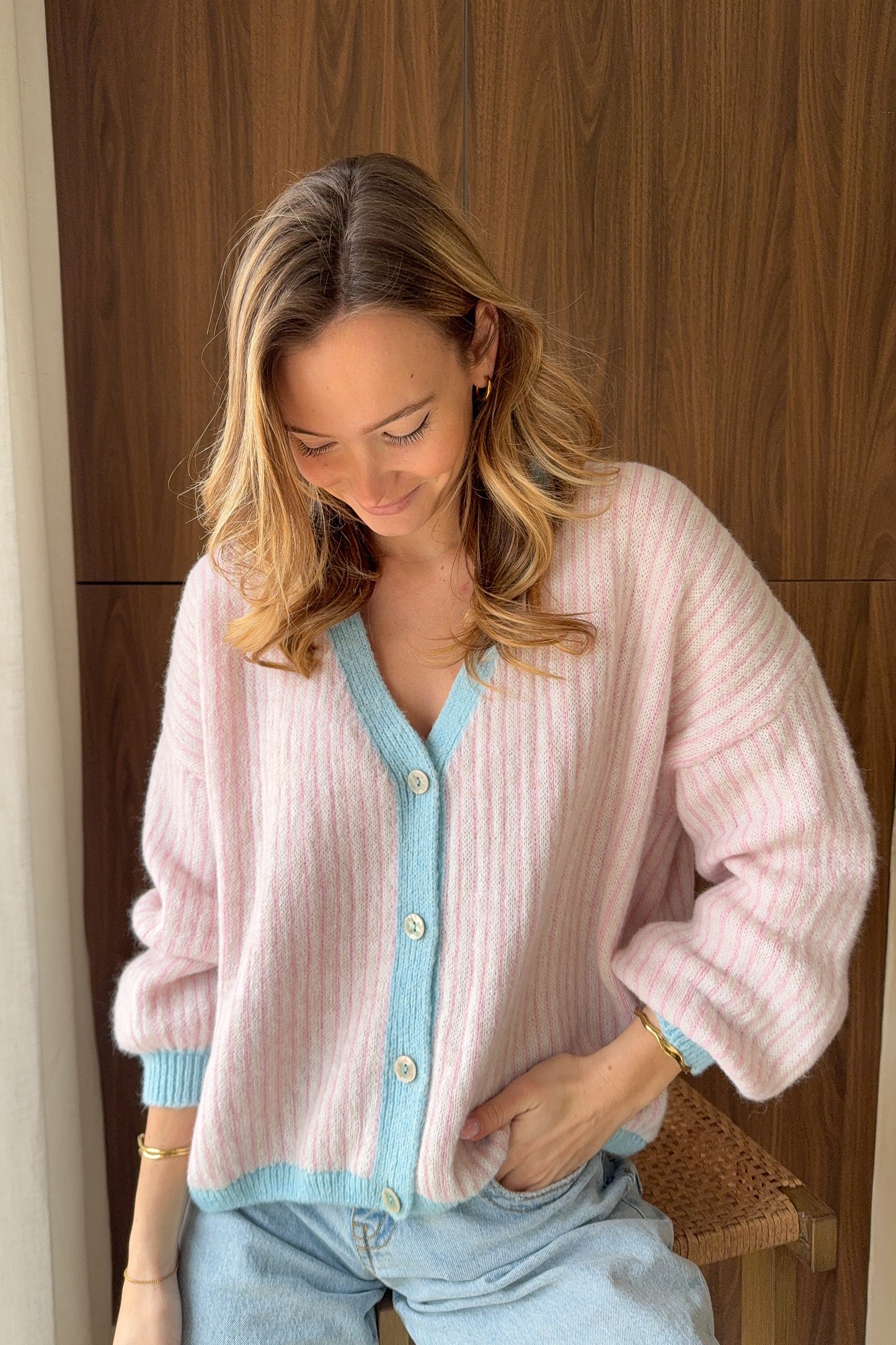 GILET JOSETTE BLEU CIEL ET ROSE