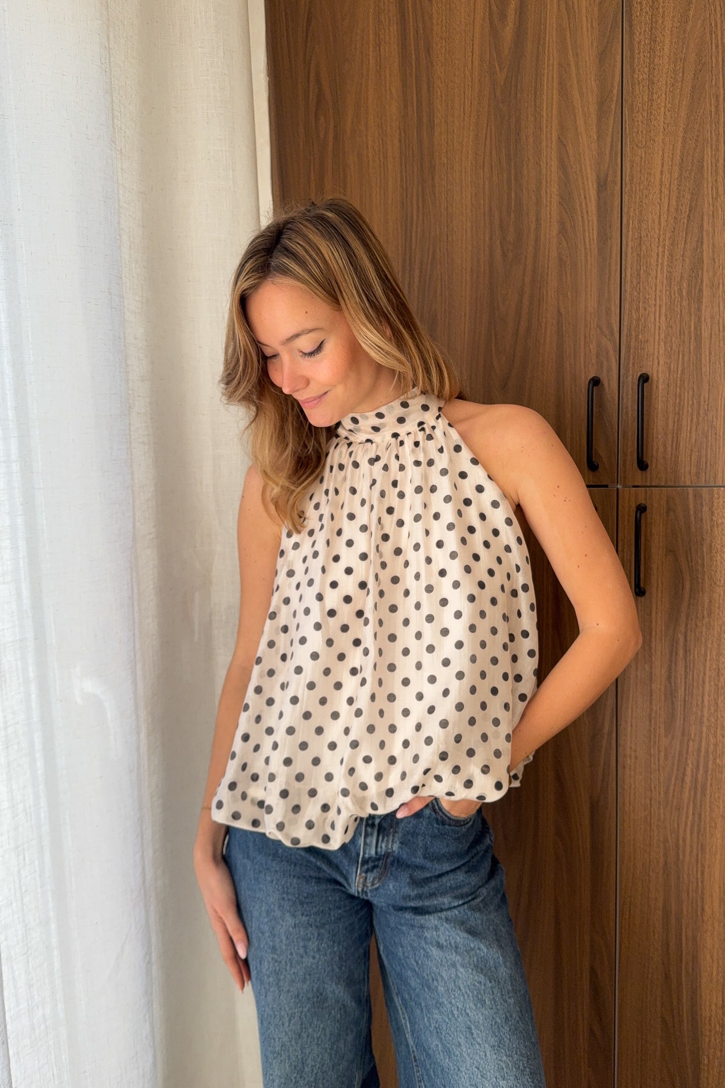 TOP BALLON A POIS ECRU