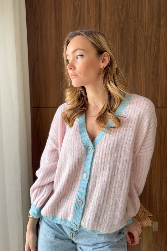 GILET JOSETTE BLEU CIEL ET ROSE